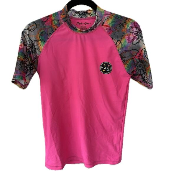 Maui And Sons Women's 50+ UPF Floral Graphic Rash Guard Surf Shirt Tee Beach M - Picture 1 of 6